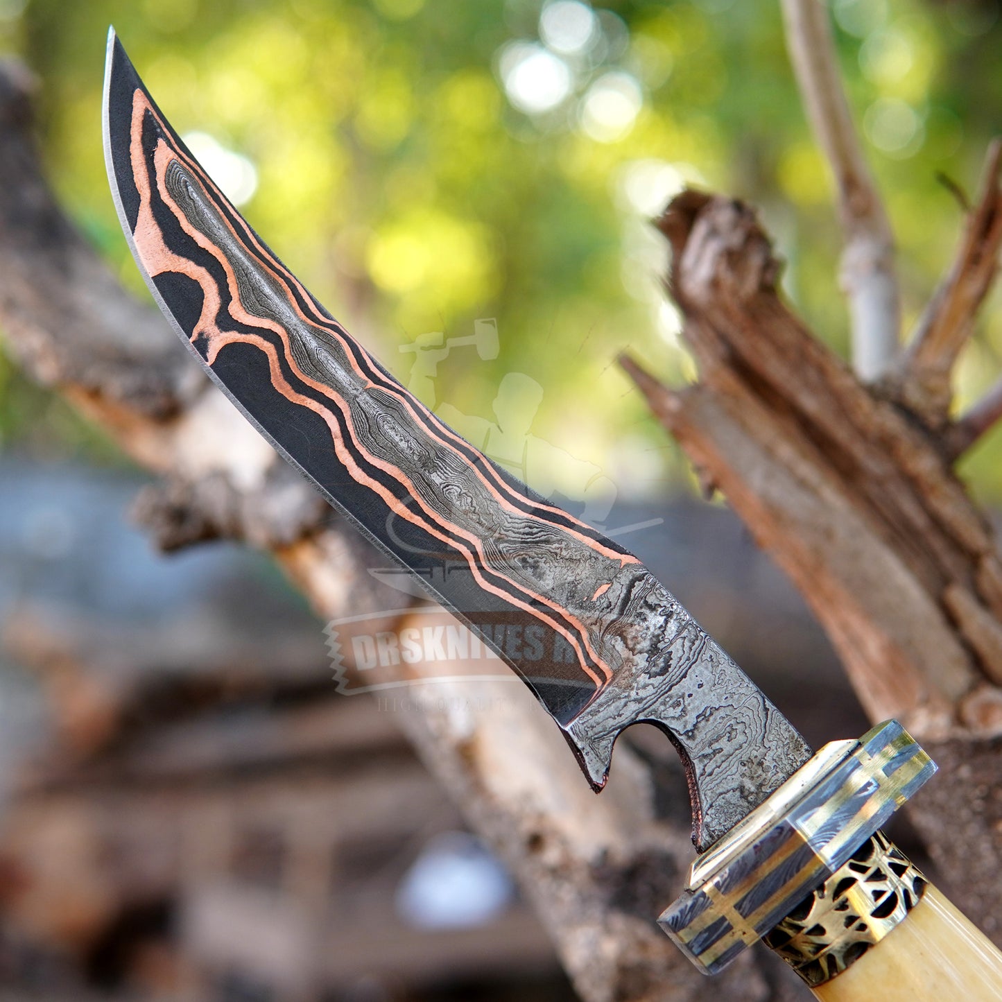 Copper Damascus Bowie Knife 15" – Handmade Bone Handle | DRSKNIVES HUB