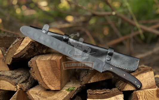 Hand Forged Carbon Steel Powder Coated BBQ Brisket Knife – Wenge Handle & Black Leather Sheath | DRSKNIVES HUB