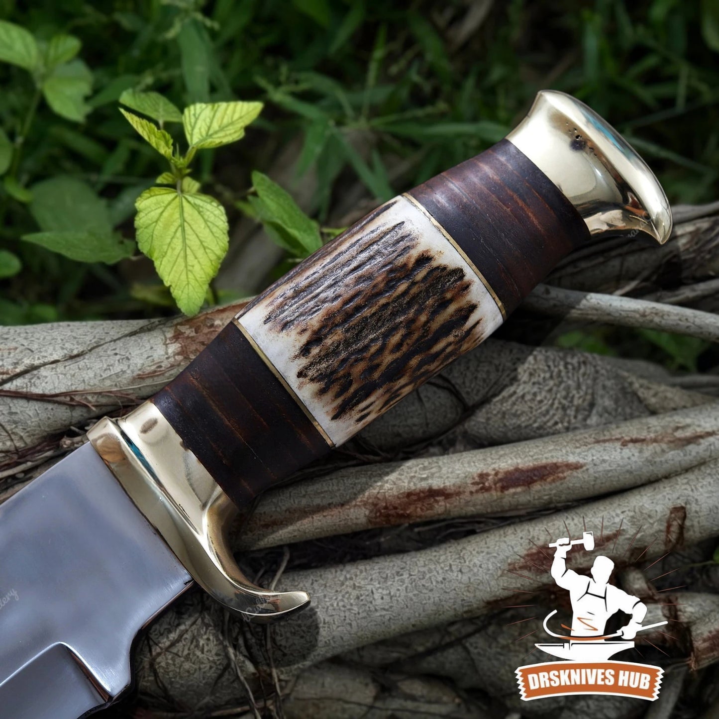 Handmade D2 Steel Dunde Knife With Leather Stake and Antler Handle