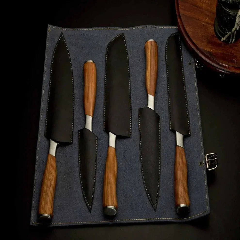 five-piece handmade chef knife collection with leather roll