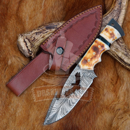 Handcrafted Feather Damascus Steel with Bone Handle and Leather Sheath | Gift for her | Gift for him