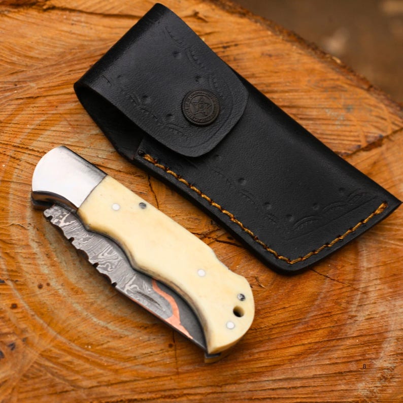 Pocket Folding Knife Handmade Damascus Steel Folding Pocket Knife Camel Bone Handle