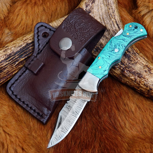 Handmade Damascus Steel Folding Knife Turquoise Resin Handle Groomsman Gift