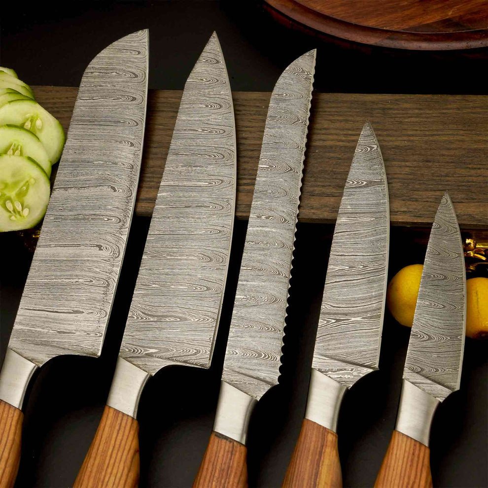 Premium 5-Piece Damascus Steel Kitchen Knife Set with Leather Roll