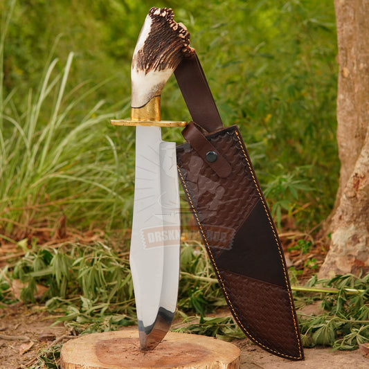 Handmade J2 Steel Bowie Knife 18" with Real Stag Horn Handle | 12" Blade | Premium Leather Sheath | Gift for Him