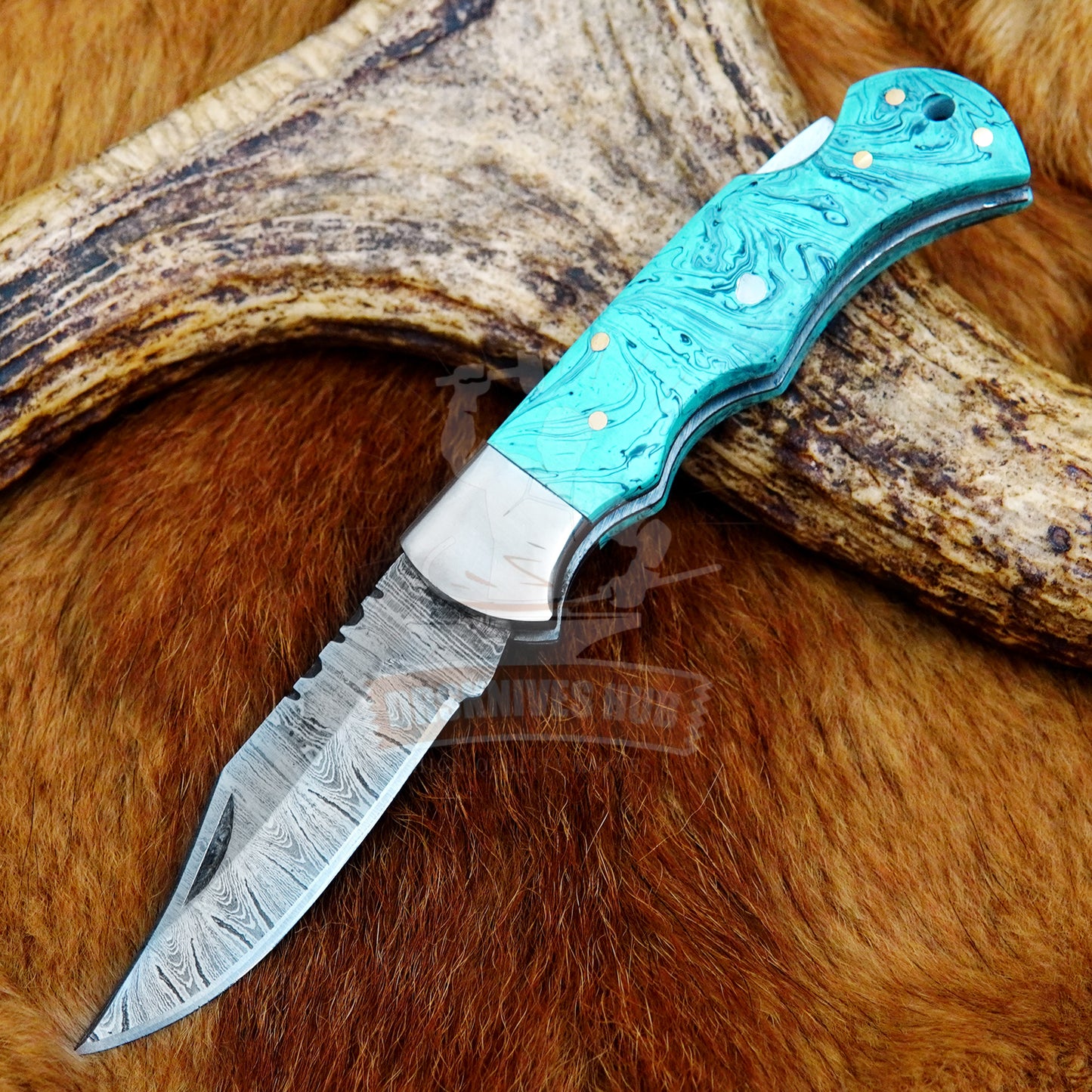 Damascus Folding Knife 7" – Turquoise Resin Handle Groomsman Gift | DRSKNIVES HUB