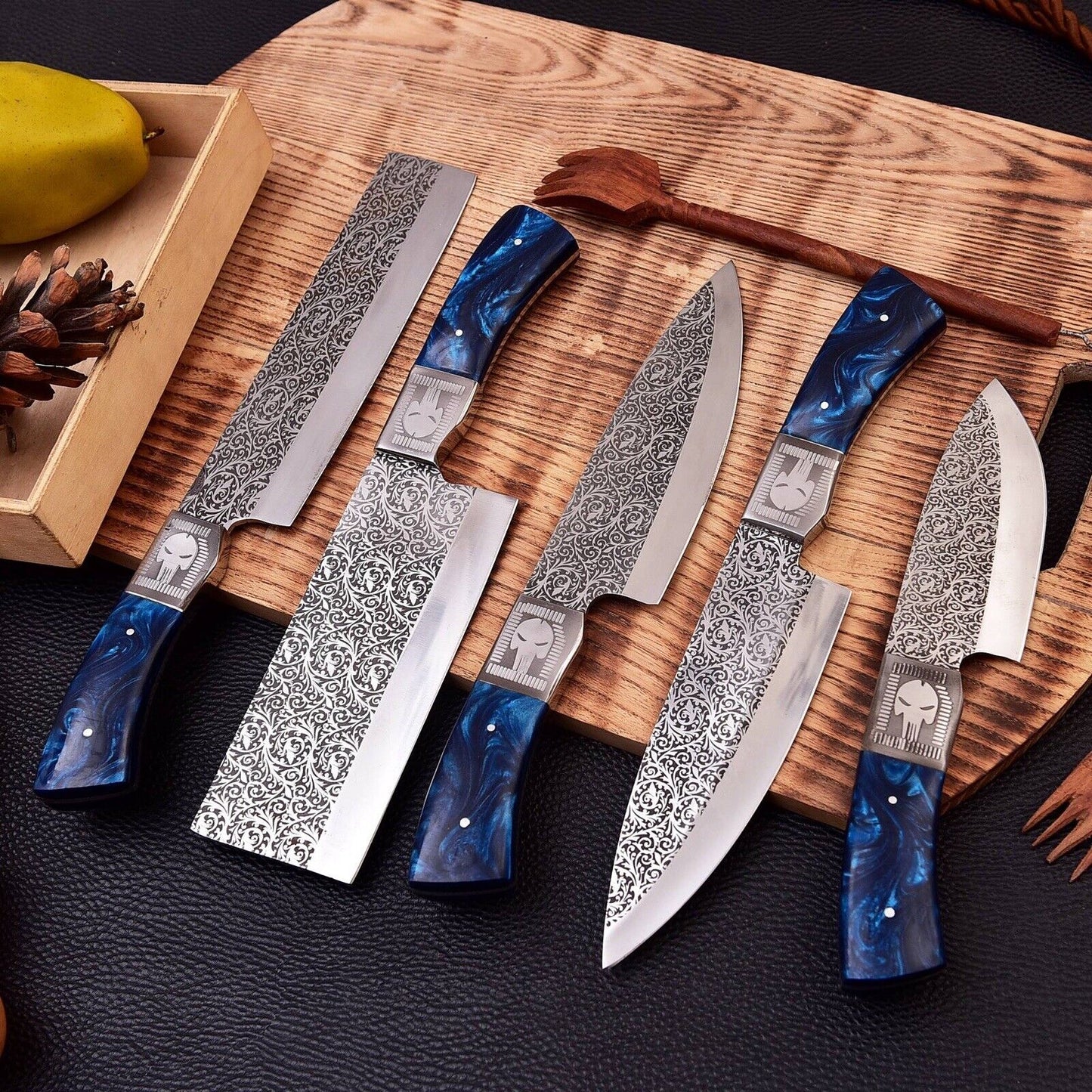 Stainless Steel Chef Set Handmade Engraved Blade Kitchen Set With Leather Roll kit bag