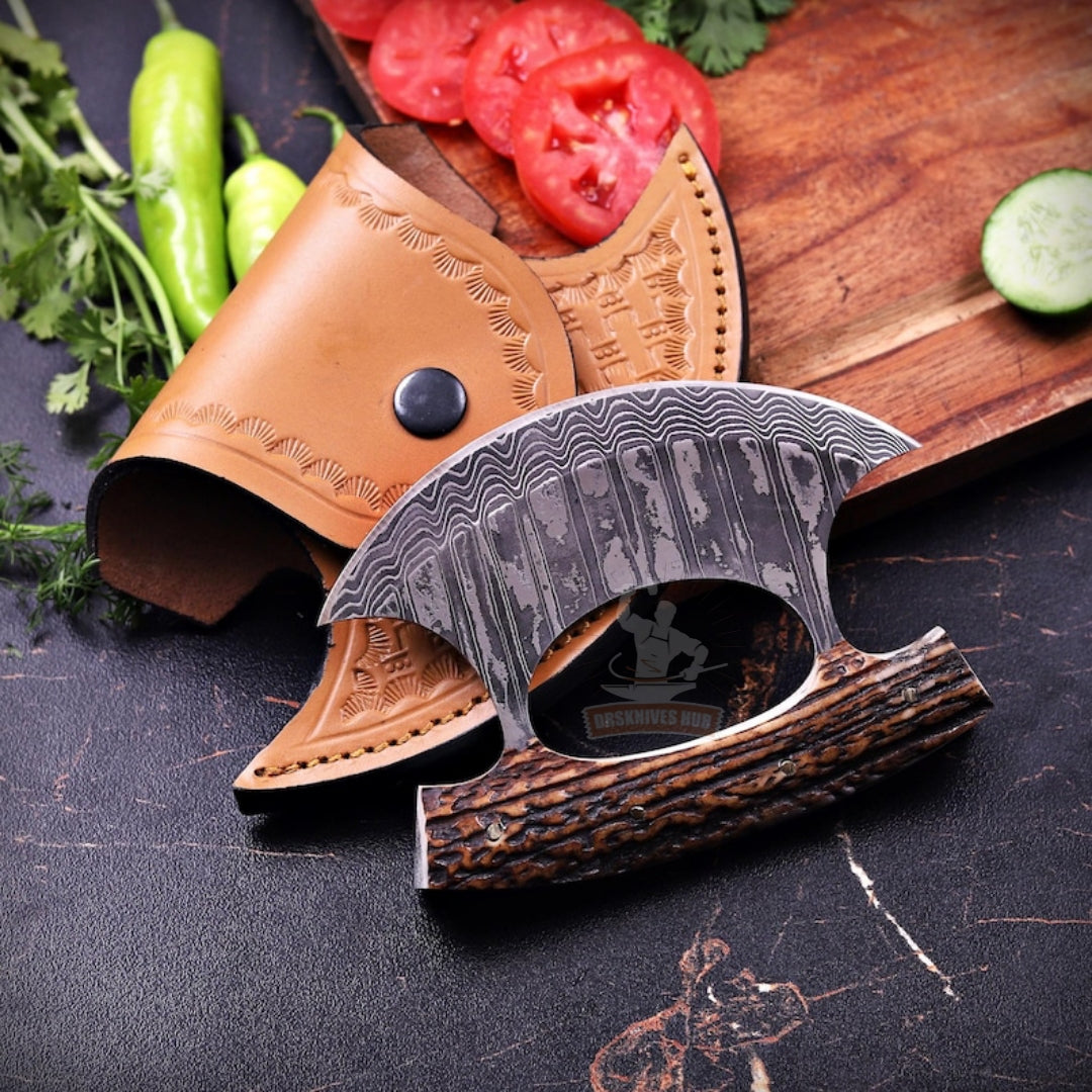 Damascus  Steel Ulu knife With Leather Sheath Full Stag Handle