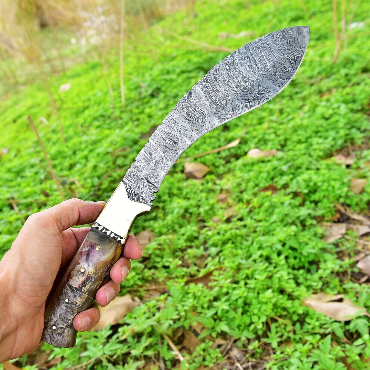 Handmade Damascus Steel Hunting Kukri Bowie Knife Ram Horn Handle With Leather Sheath Cover