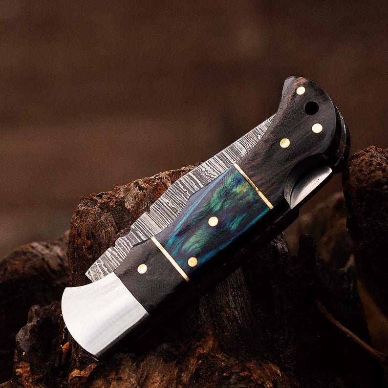 6.5", Camping Hiking Damascus Pocket Knife, With Leather Sheath Cover