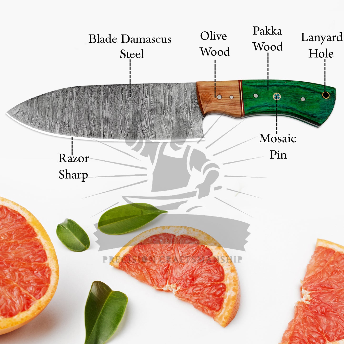 Handmade Damascus Steel Chef Knife Set – 5 Piece Green Wood Handle 