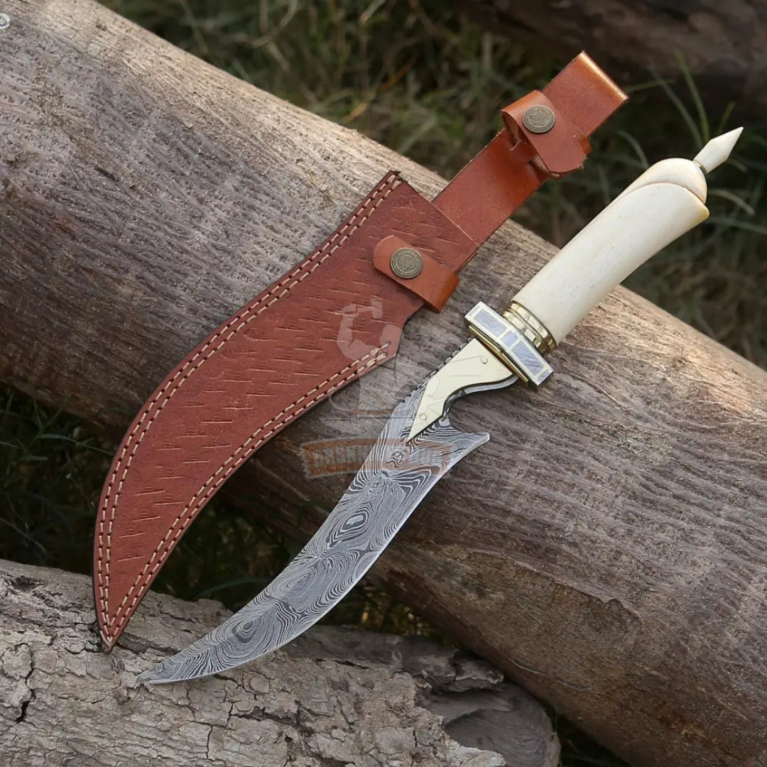 Damascus Hunting Knife 15" – Camel Bone Handle Brass Inlay | DRSKNIVES HUB