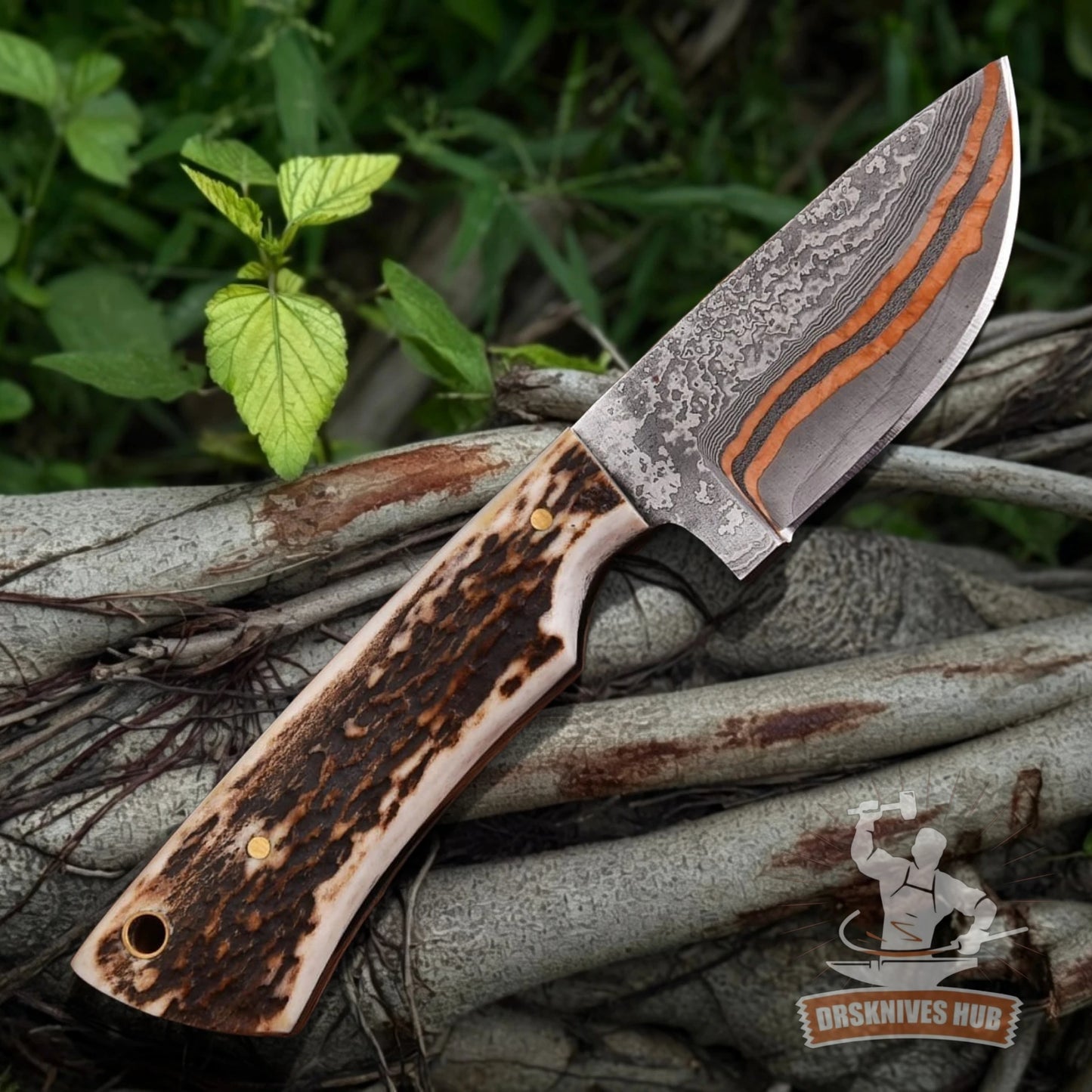 Copper Damascus Steel Skinner Knife Antler Handle