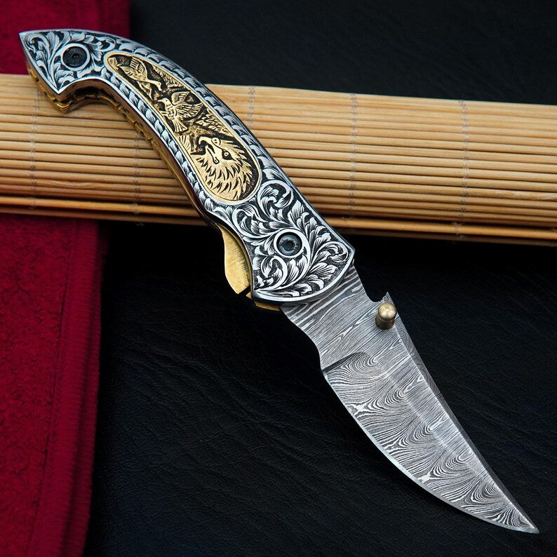 Custom Handmade Damascus Steel Camping Knife, Beautifully Hand Engraved Knife