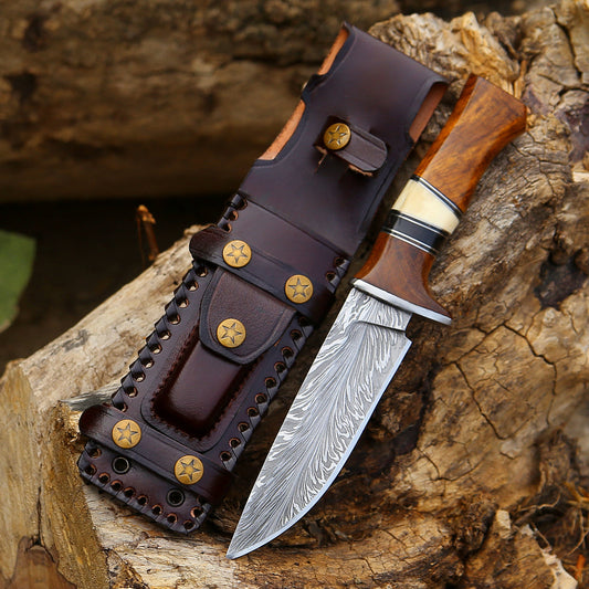 Handmade Damascus Feather Blade Hunting Knife With  Beautifully Crafted  Leather Sheath.