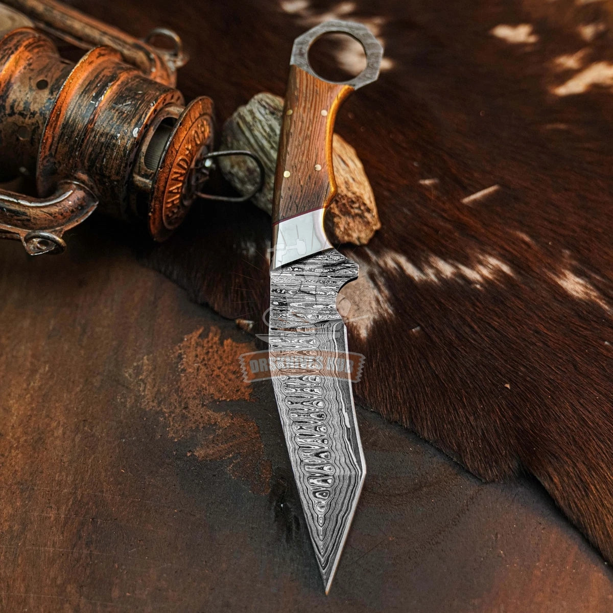 9.7" inch Damascus Tactical Knife Full Tang wood Handle Blade Leather Sheath