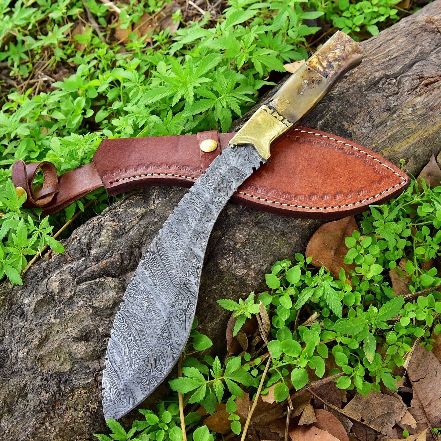 Handmade Damascus Steel Hunting Kukri Bowie Knife Ram Horn Handle With Leather Sheath Cover