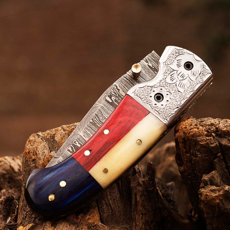 Handmade Damascus Steel Blade Folding Pocket Knife With Leather Sheath Cover Texas Flag Handle