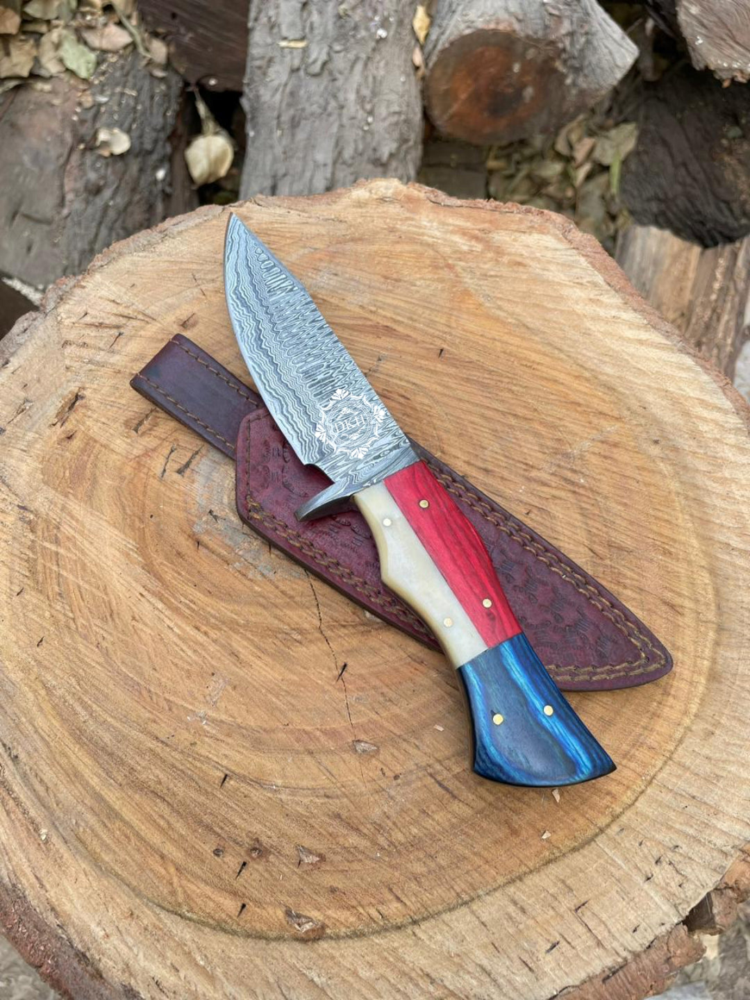 American flag Themed Handle Hunting Knife With Leather Sheath Cover