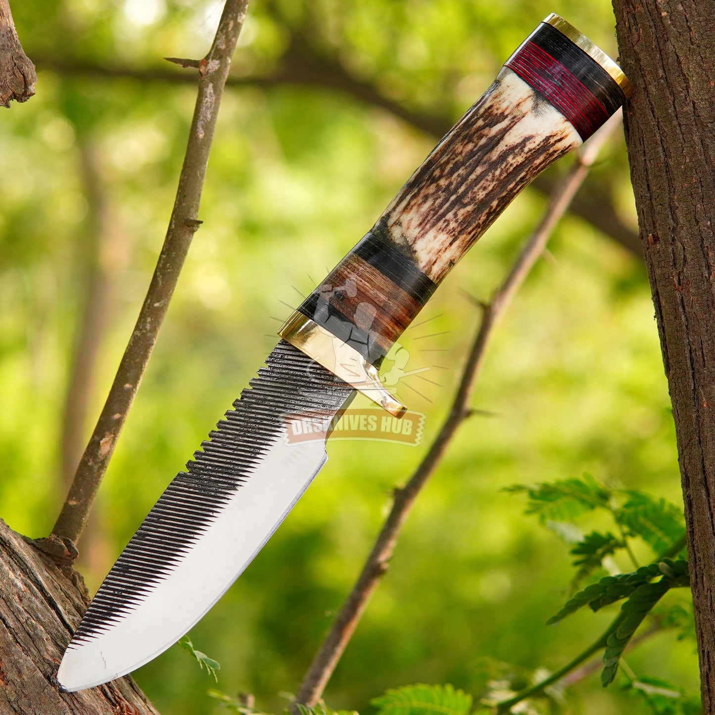 Hunting Knives Pair Custom Handmade Antler Handle Hunting Knife With Leather Cover | DRSKNIVES HUB