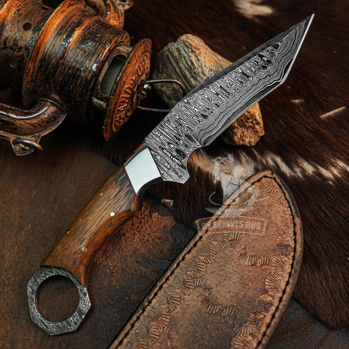 9.7" inch Damascus Tactical Knife Full Tang wood Handle Blade Leather Sheath