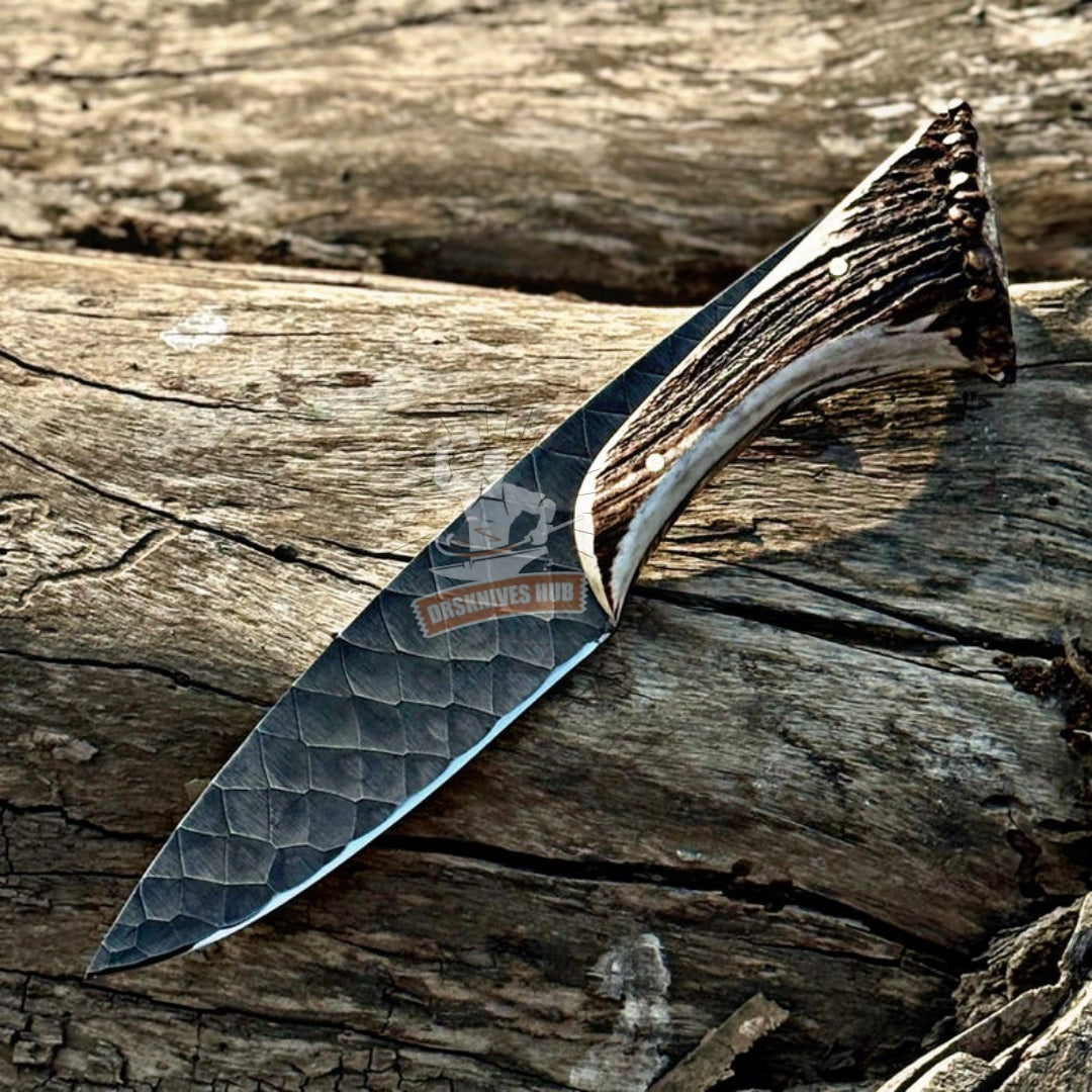 Hand Forged Hunting Knife – 12C27 Steel, Deer Antler Handle, Leather Sheath
