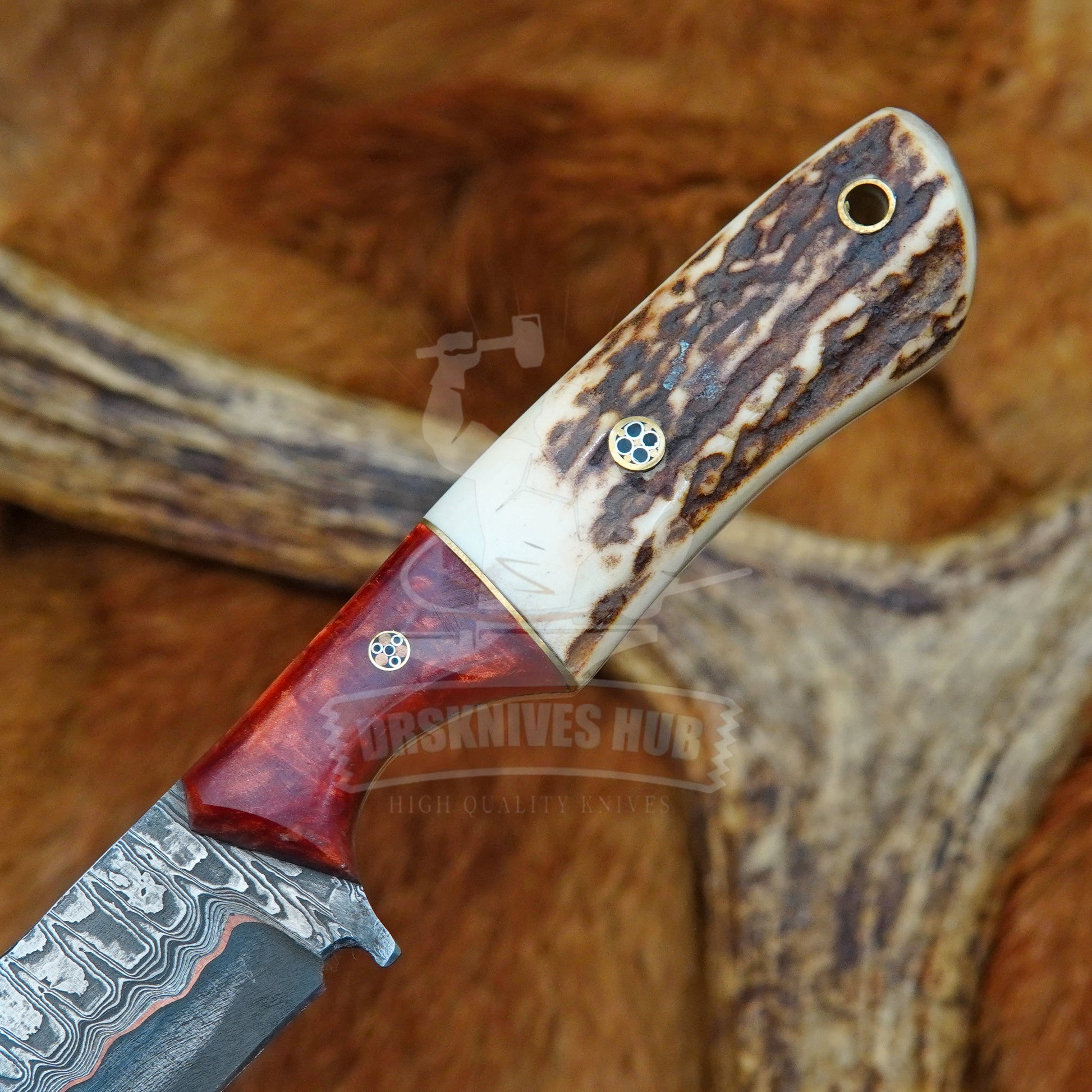 Stag horn and resin knife handle detail handmade outdoor knife