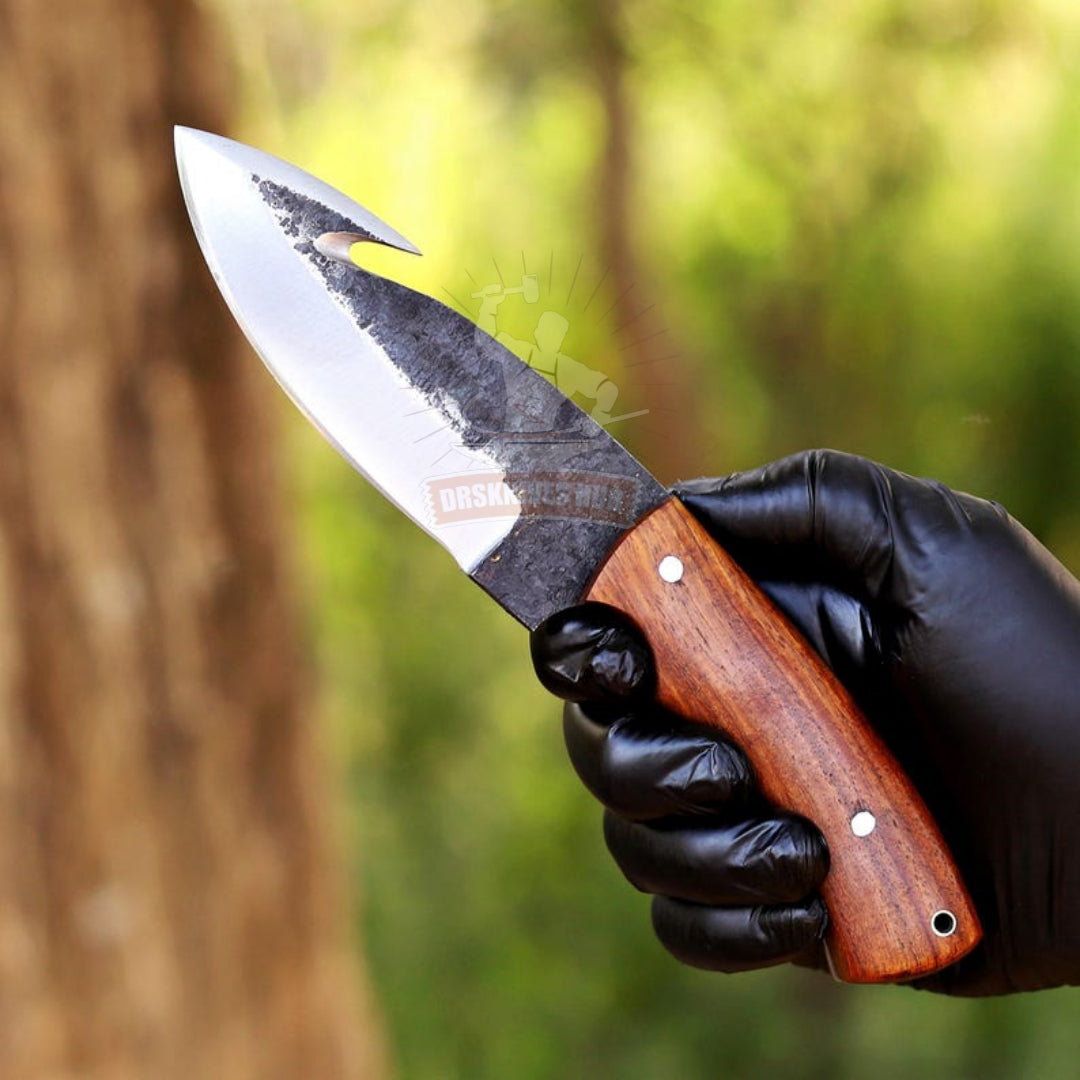 High Carbon Steel Skinning Knife with Gut Hook: Rosewood Handle, Leather Sheath