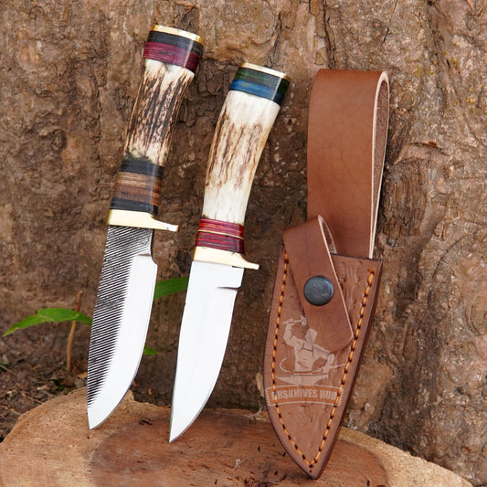 Hunting Knives Pair Custom Handmade Antler Handle Hunting Knife With Leather Cover | DRSKNIVES HUB