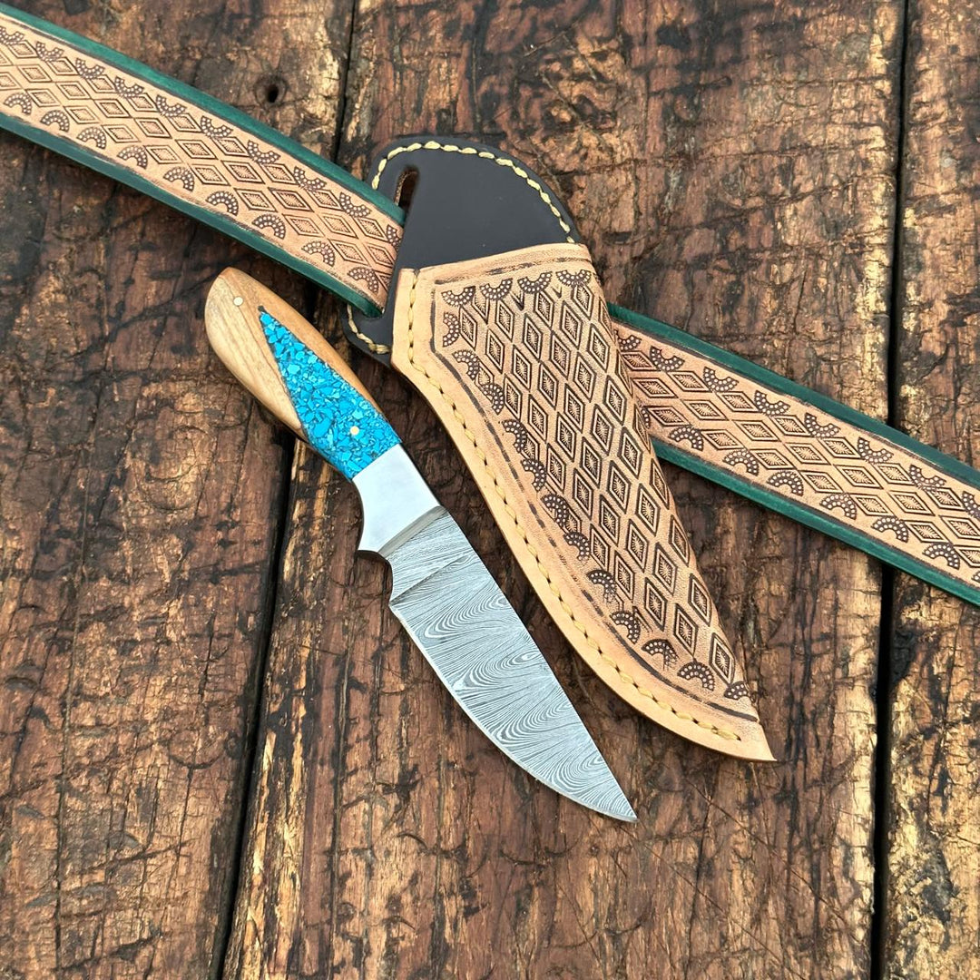 Damascus Skinner Knife – Turquoise Stone & Wood Handle with Leather Sheath