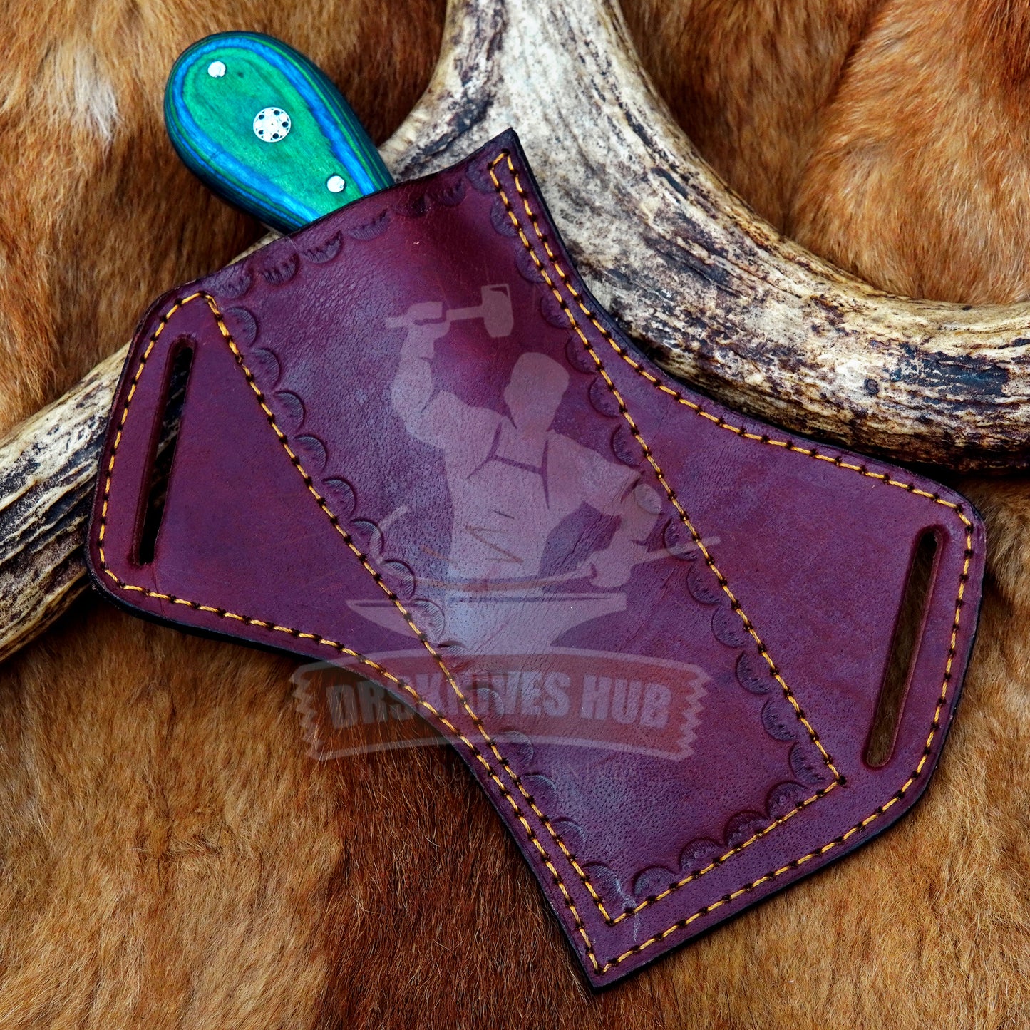 Western Style Cowboy Damascus Steel knife With Leather Sheath And Wood Handle