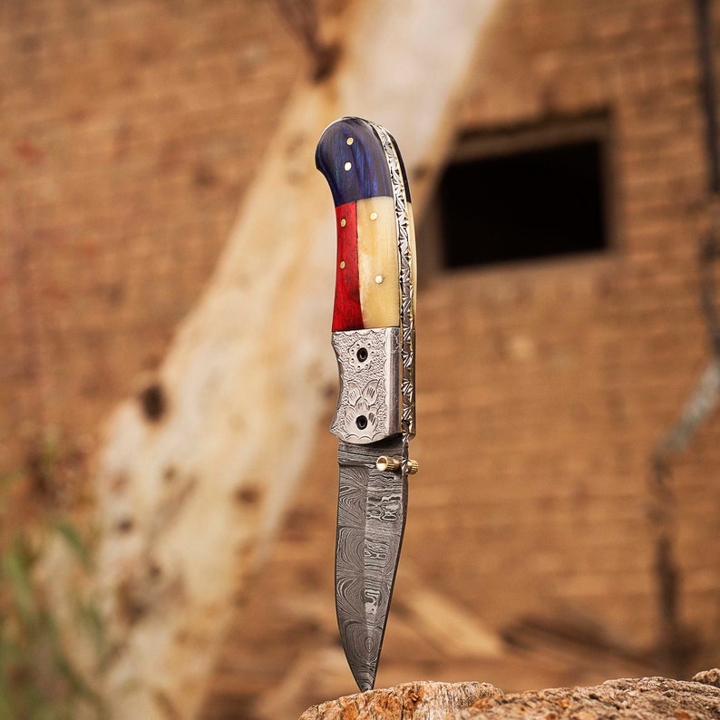 Handmade Damascus Steel Blade Folding Pocket Knife With Leather Sheath Cover Texas Flag Handle