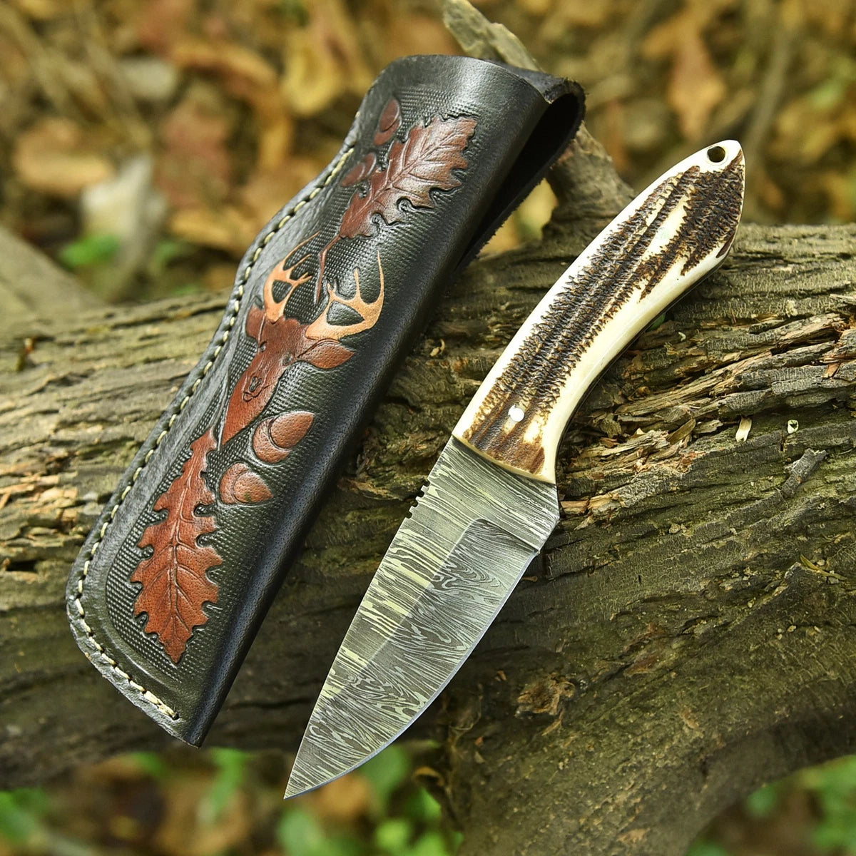 Damascus Fixed Blade Camping Knife – Premium Steel with Leather Sheath