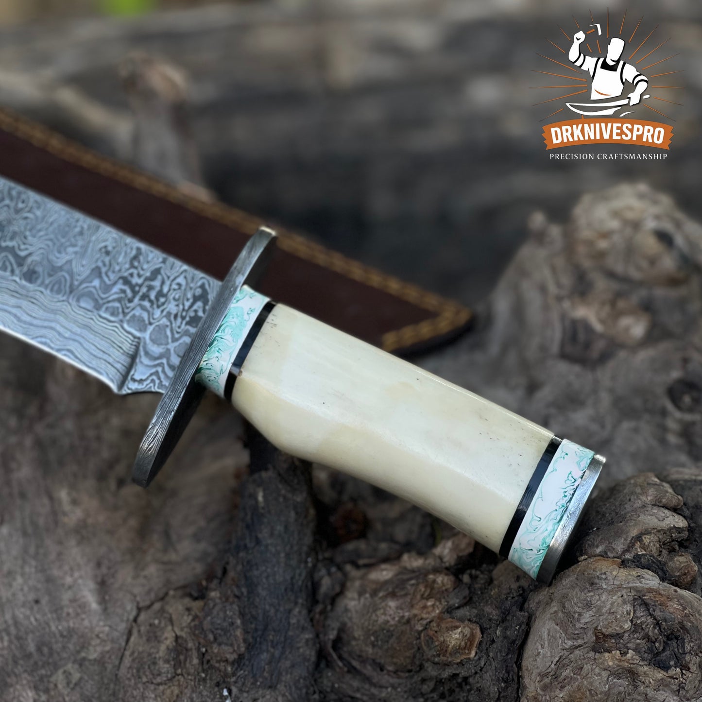 Damascus Steel Bowie Knife with Bone Handle - Handcrafted Edc knife | DRSKNIVES HUB