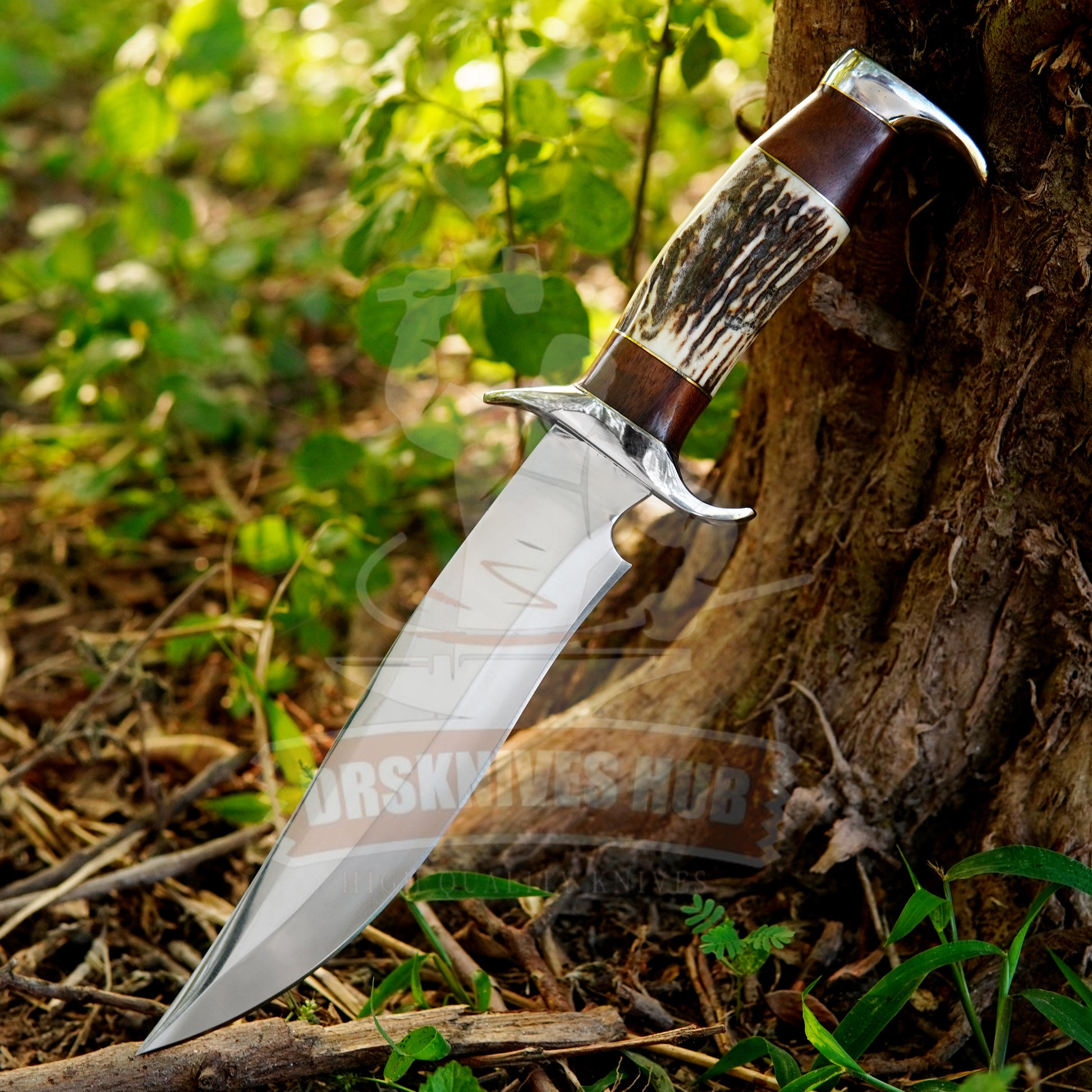 Handmade D2 Steel Bowie Hunting Knife Stag Antler & Rosewood Handle, Leather Sheath | DRSKNIVES HUB
