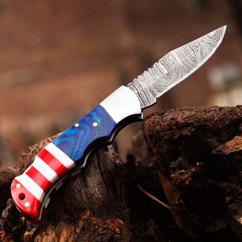 Edc knife Damascus Pocket Knife Texas Flag Handmade Folding Knife