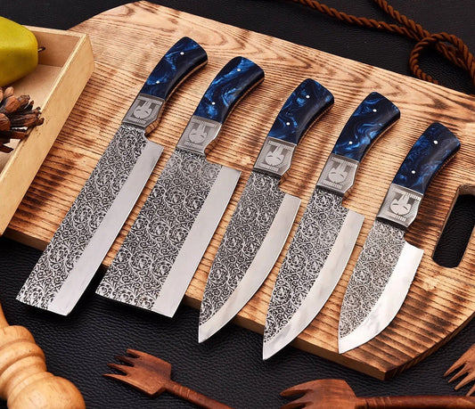 Stainless Steel Chef Set Handmade Engraved Blade Kitchen Set With Leather Roll kit bag