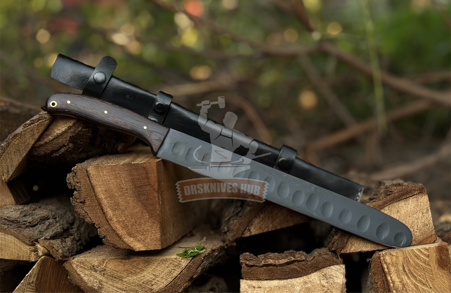 Hand Forged Cabon Steel Powder Coated Blade BBQ /Brisket Knife With Weange Handle With Black Leather Sheath | DRSKNIVES HUB