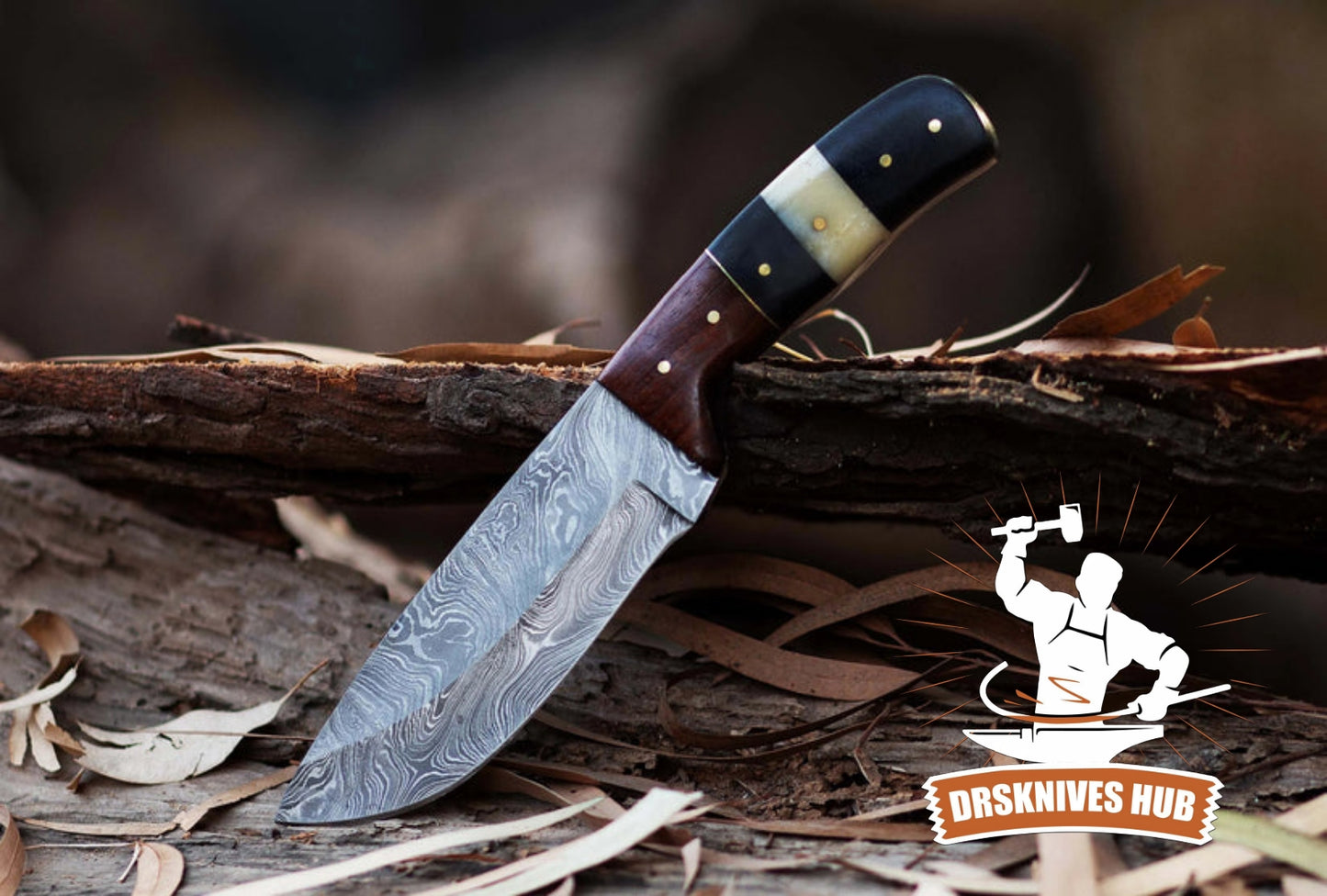 Handmade Damascus Steel Hunting Knife With Leather Sheath