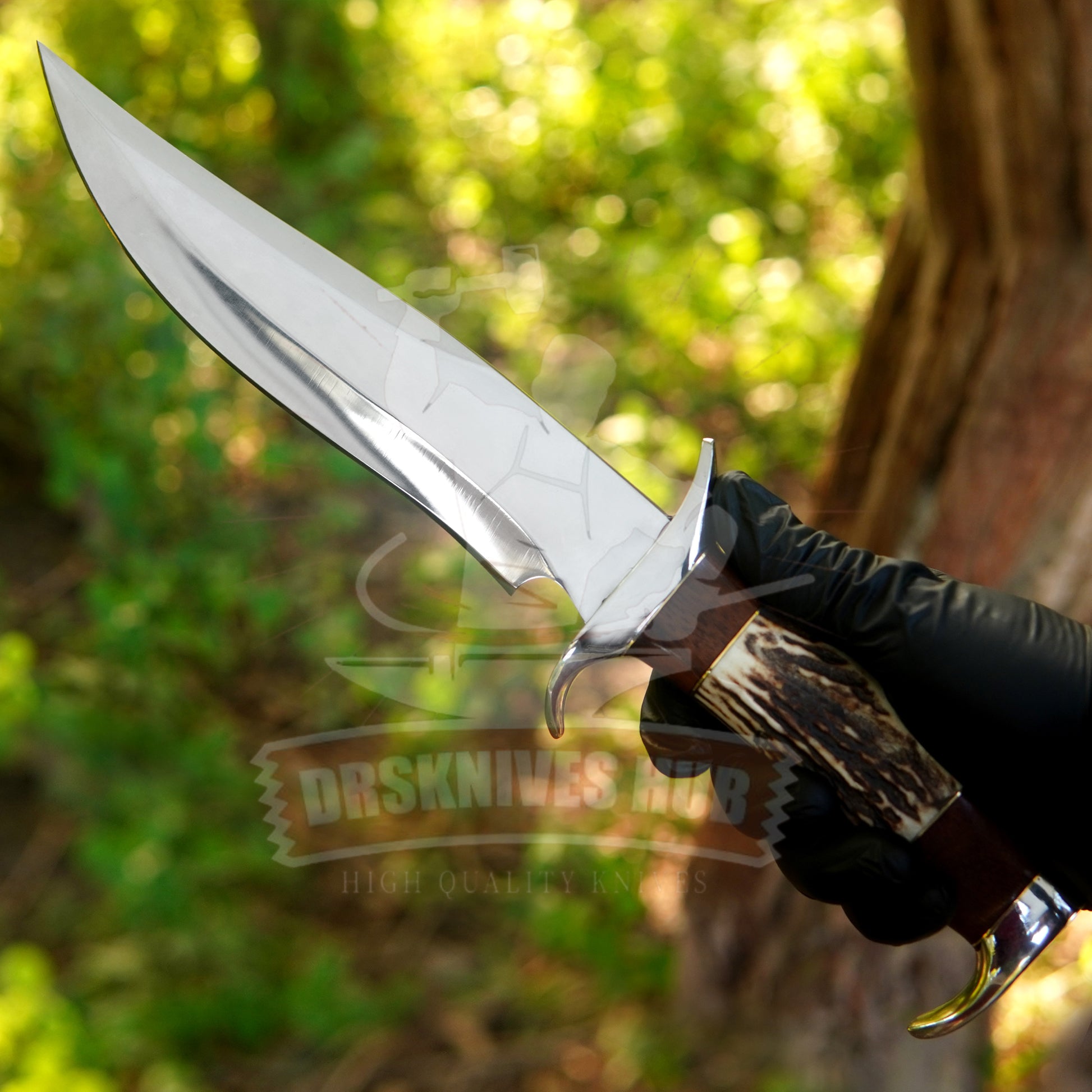 Handmade D2 Steel Bowie Hunting Knife Stag Antler & Rosewood Handle, Leather Sheath | DRSKNIVES HUB