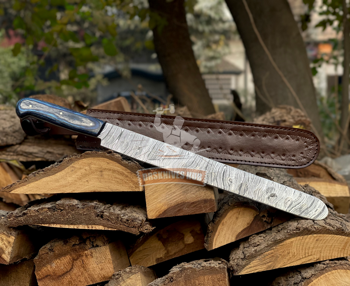 Handmade Damascus Steel Bread Knife with Leather Sheath | 17" Long Serrated Kitchen Knife | Wood Handle