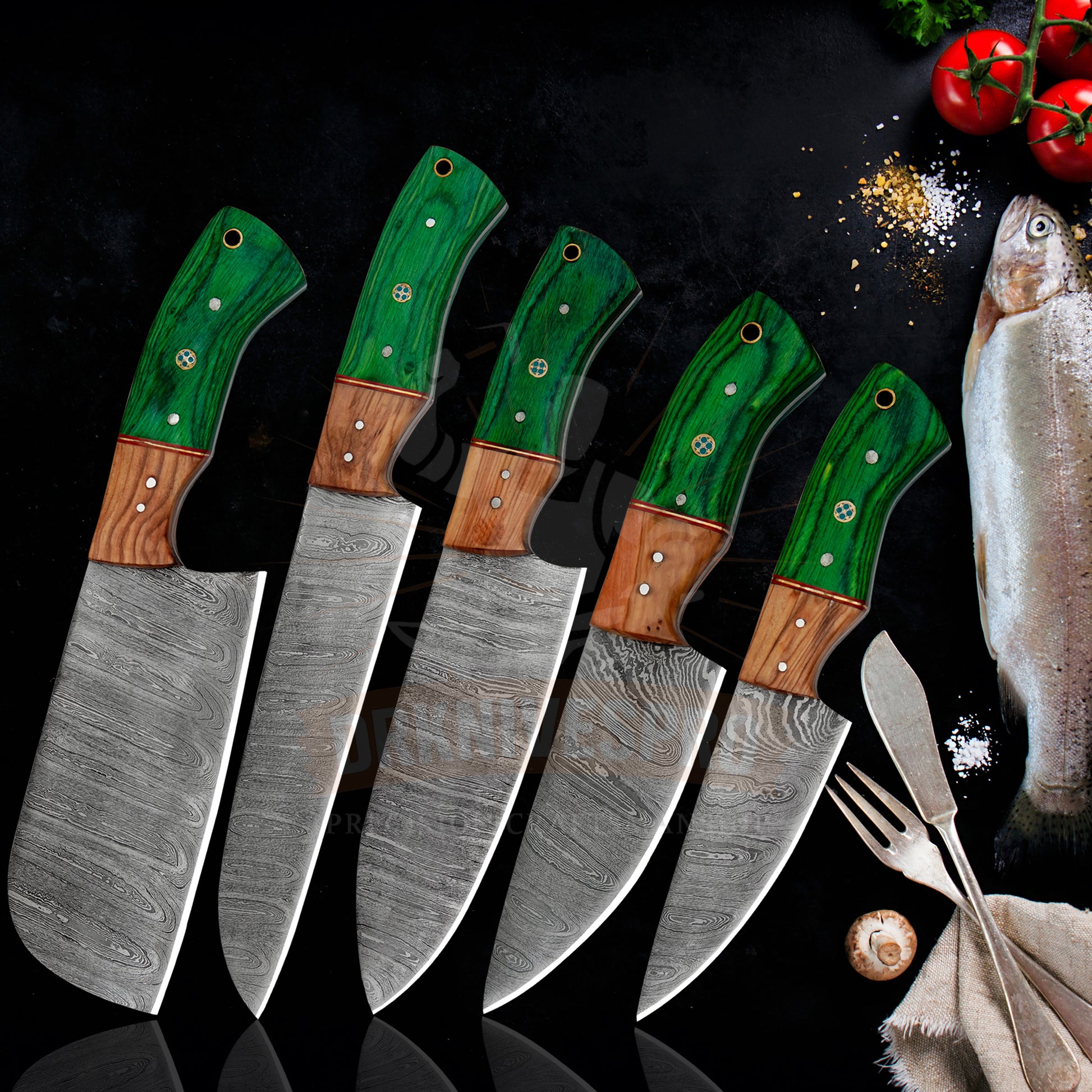 Handmade Damascus Steel Chef Knife Set – 5 Piece Green Wood Handle 