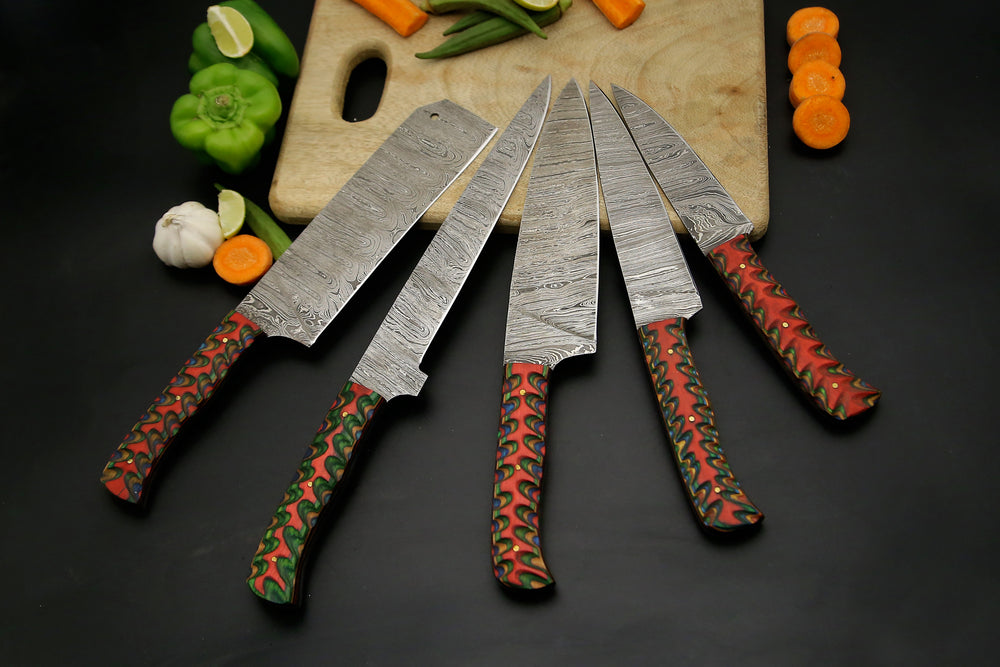 Custom Handmade Damascus Chef Set Wood Handle With Leather Roll Kit Bag