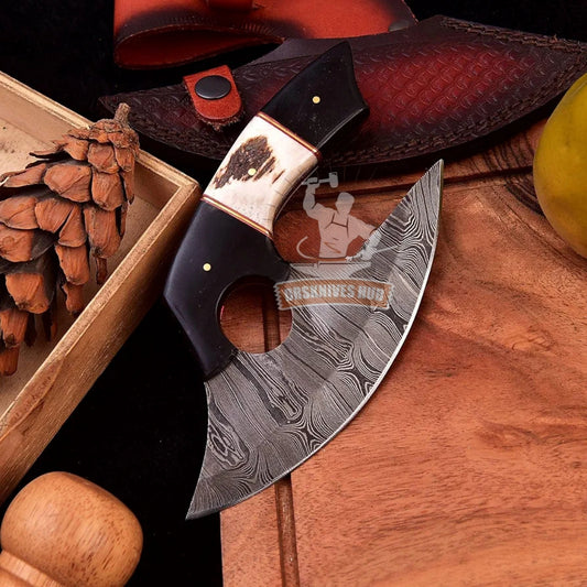 Pizza Cutting Ulu Knife with Sheath Handmade Damascus Steel Blade