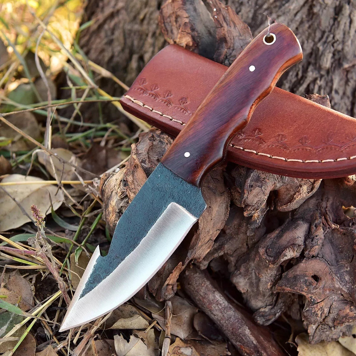 Handmade Carbon Steel Fixed Blade Knife Gut Hook Blade Knife With Leather Sheath