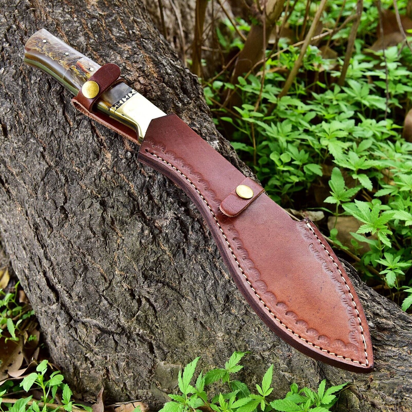 Handmade Damascus Steel Hunting Kukri Bowie Knife Ram Horn Handle With Leather Sheath Cover