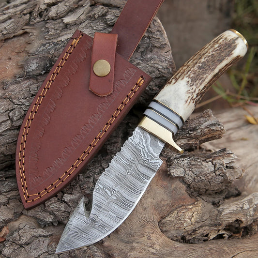 Gut Hook Hunting Knife EDC With Original Stag Handle With Leather Sheath Cover