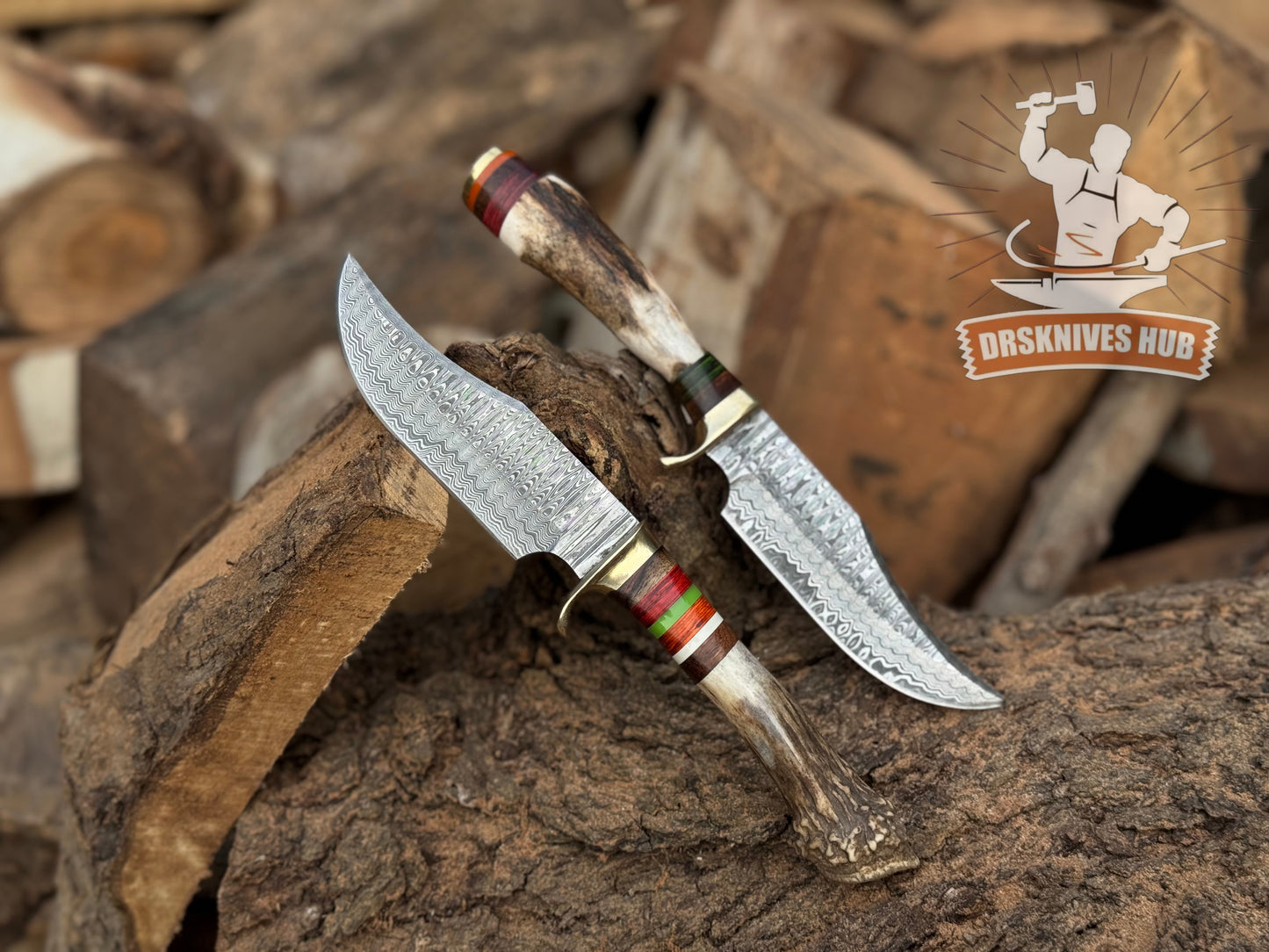 Handmade 10” Damascus Knife Set with Stag Handles & Leather Sheaths | DRSKNIVES HUB