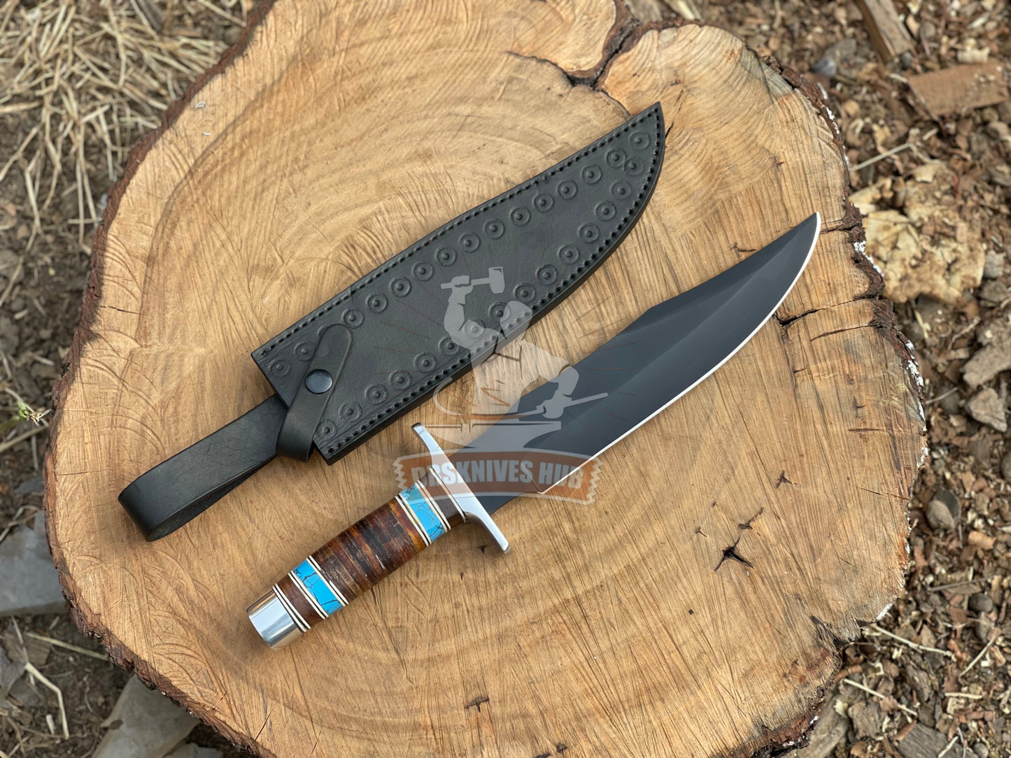 Handcrafted Bowie Knife with Leather and Stone Handle Black Powder-Coated Carbon Steel Blade Leather Sheath | DRSKNIVES HUB