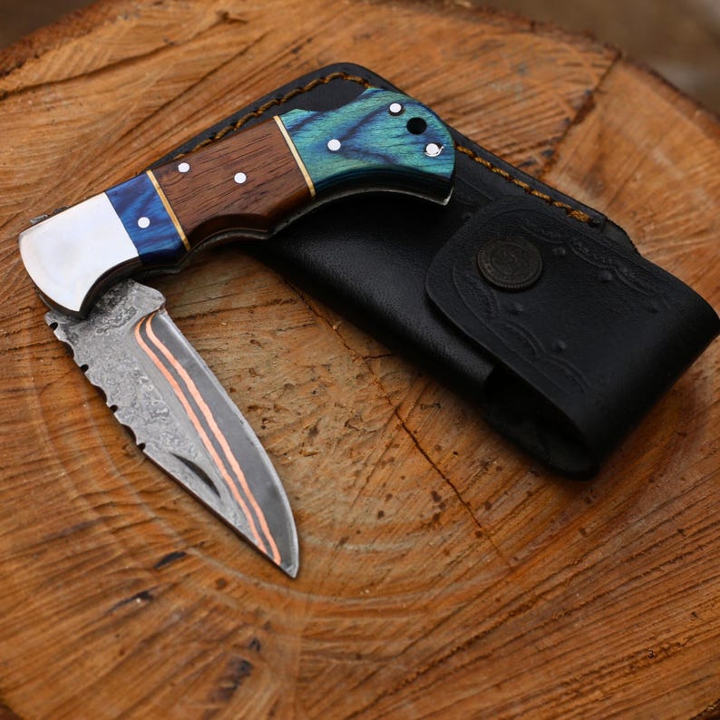Damascus Steel Pocket Folding Knife Handmade Copper With Leather Sheath Cover